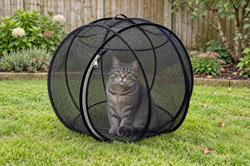 Tabby cat in a black Purrpod in a garden